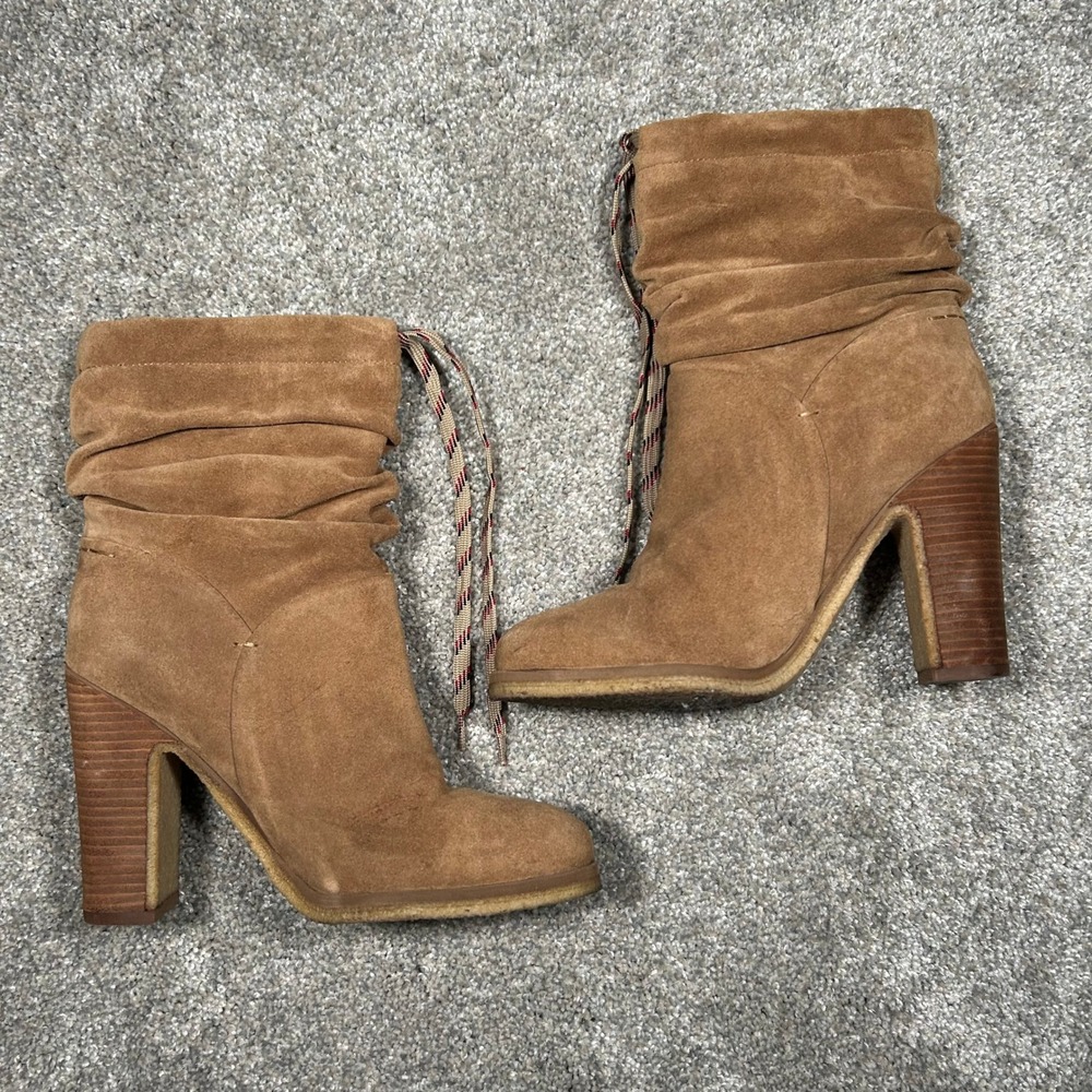 See By Chloe Tan Suede Slouchy Drawstring Block Heel Ankle Boots Size 38.5